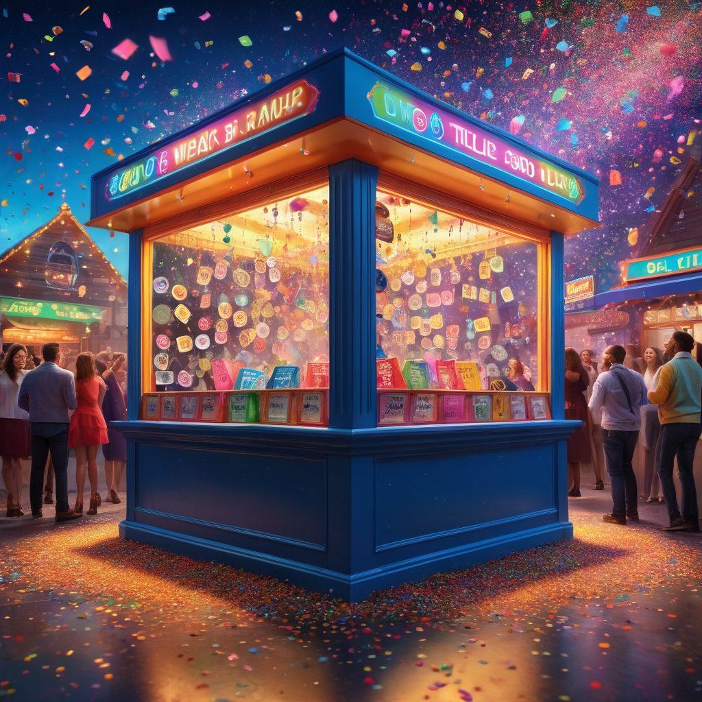 A vibrant scene depicting a bustling lottery booth filled with colorful raffle tickets and excited participants. Include a magical, glowing key symbolizing luck hovering above the booth, surrounded by sparkling confetti and playful lottery balls. The people should display various emotions like joy, anticipation, and surprise. Emphasize a dynamic background that conveys excitement and chance. vibrant colors. super-realistic.