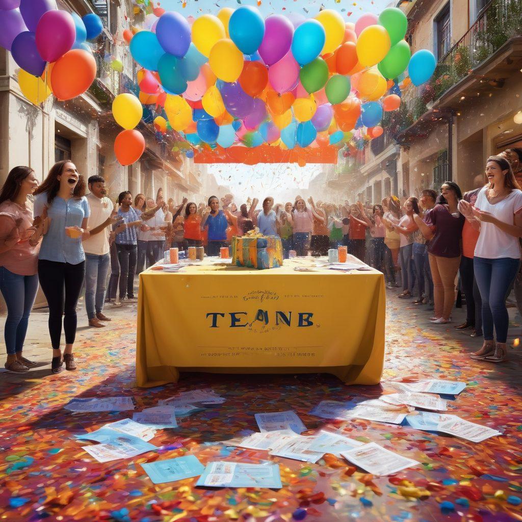 A vibrant scene featuring a colorful table filled with various prizes such as gift boxes, electronics, and vouchers, surrounded by excited participants holding tickets and cheering. In the background, a large banner reads 'Prize Giveaways' with balloons and confetti raining down, creating a festive atmosphere. The setting conveys excitement and anticipation around winning contests and drawings. super-realistic. vibrant colors. 3D.