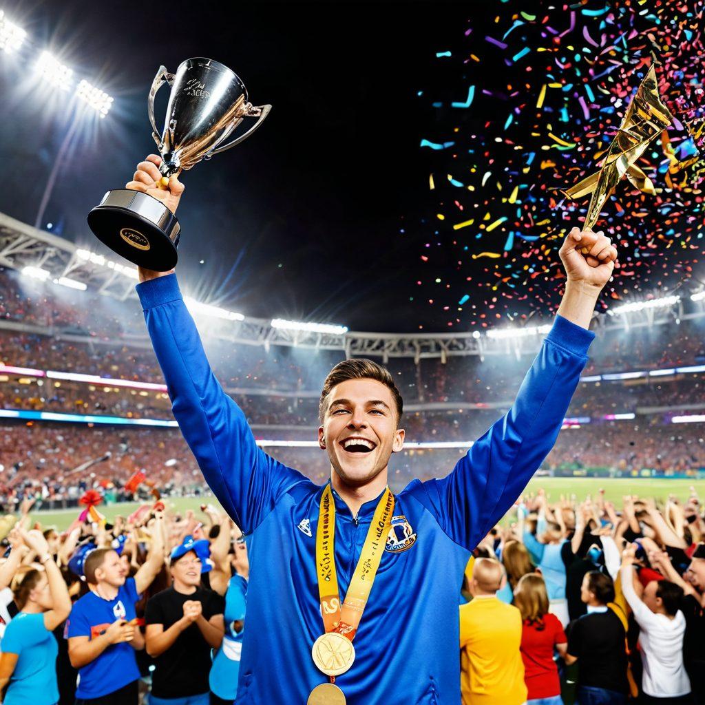 A dynamic scene depicting a person triumphantly holding a trophy, surrounded by colorful confetti and cheering crowds, with a backdrop of a majestic stadium or hall of fame. Elements like ribbons, medals, and hints of various competitions (like gaming, sports, and contests) subtly integrated in the background, signifying achievement and success. The mood is celebratory and inspirational, capturing the essence of victory. super-realistic. vibrant colors. cheerful atmosphere.